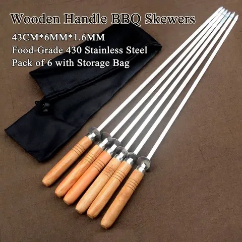 430 Edelstahl Grillspieße Holzgriff Flache Grillnadeln Wiederverwendbare Outdoor BBQ Werkzeuge Mit Aufbewahrungstasche Camping Picknick