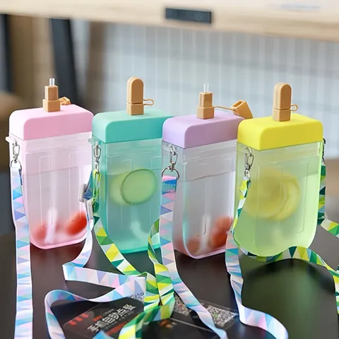 Ins Cute Ice Cream Popsicle Water Bottle PC Plastic Portable Student Straw Cup With Strap Travel Drinkware
