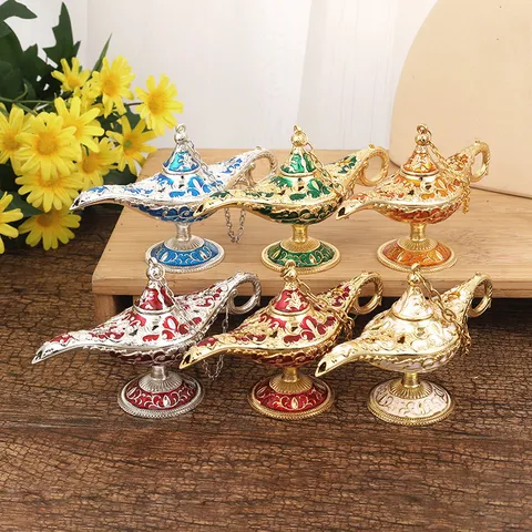 Retro Zinc Alloy Aladdin Magic Lamp Figurine Classical Embossed Decorative Ornament Home Office Desktop Craft Gift