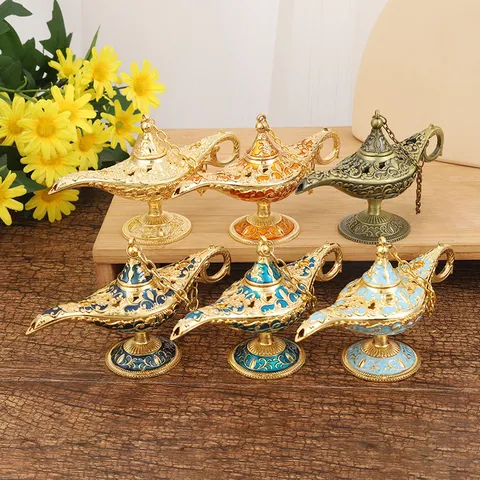 Retro Zinc Alloy Aladdin Magic Lamp Figurine Classical Embossed Decorative Ornament Home Office Desktop Craft Gift