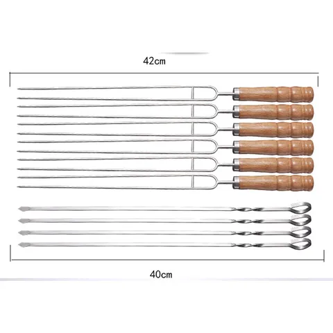 Stainless Steel BBQ Skewers Wooden Handle Flat Grilling Needles Outdoor Camping Barbecue Utensils With Storage Bag