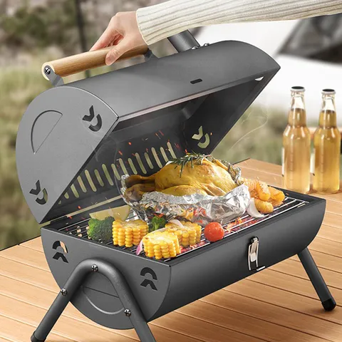 Portable Outdoor Charcoal Grill Barbecue Rack With Chimney Wood Handle Foldable Cold Rolled Steel BBQ Grill For Camping Home