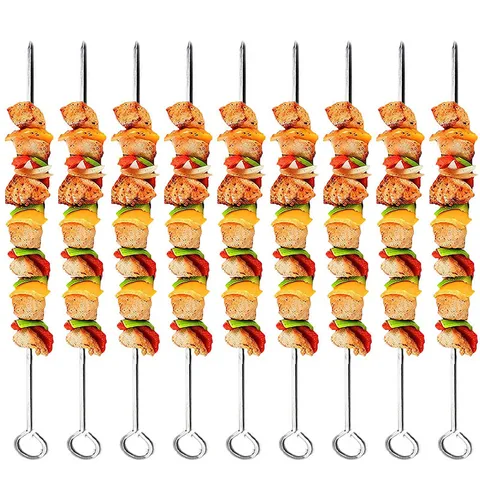 Juego de Brochetas de Barbacoa de Acero Inoxidable Aguja de Parrilla de Metal Plana Redonda Reutilizable para Picnic al Aire Libre Camping