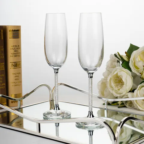 Luxury Crystal Champagne Glass White Rhinestone Gold Leaf Filled Stem Wedding Party Gift Toasting Flute Wine Glass Cup