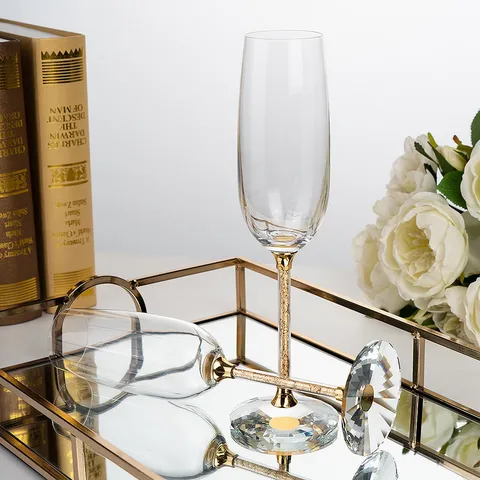 Luxury Crystal Champagne Glass White Rhinestone Gold Leaf Filled Stem Wedding Party Gift Toasting Flute Wine Glass Cup