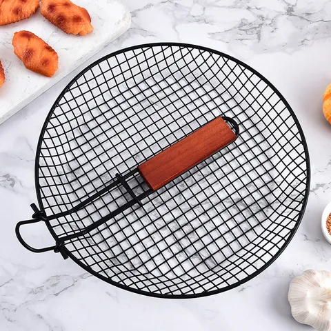 Foldable BBQ Grill Mesh Basket Carbon Steel Round Outdoor Camping Roasting Basket With Wooden Handle Kitchen Cooking Tool