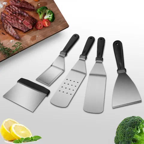 Stainless Steel BBQ Spatula Tools For Professional Griddle Teppanyaki Outdoor Grilling Accessories With Scraper And Flipper Spatula Kit