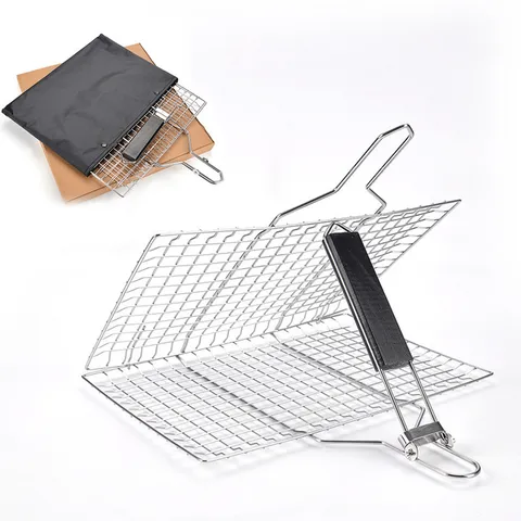 Detachable 430 Stainless Steel BBQ Grill Basket Foldable Fish Grilling Mesh With Anti-Scald Wooden Handle For Outdoor Camping