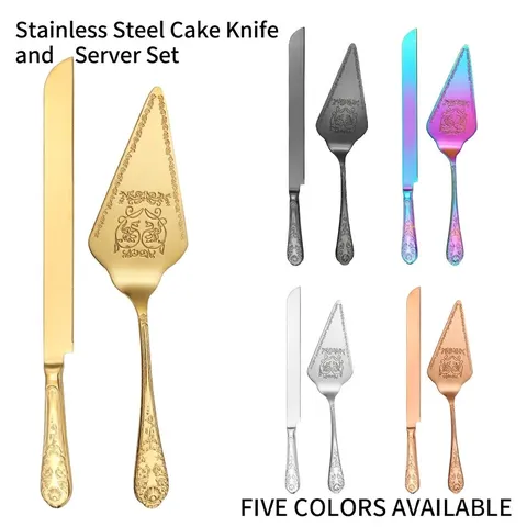 Luxury 304 Stainless Steel Cake Knife and Server Set Vintage Embossed Relief Design Cake Cutter For Wedding Party Home Banquet Serving Set