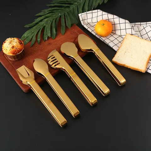 Gold Stainless Steel Food Tongs For Kitchen Bread BBQ Buffet Server Tongs Heat Resistant Non-Slip Catering Utensils Metal Tongs