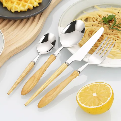 Juego de Cubiertos Japoneses de Acero Inoxidable 304 Mango de Madera de Fresno Pulido Espejo Cuchillo de Filete Tenedor Cuchara