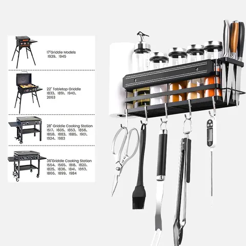 Multifunctional BBQ Side Hanging Rack Black Iron Kitchen Seasoning Organizer Outdoor Camping Griddle Storage Shelf With Hooks Paper Towel Holder