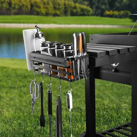 Multifunctional BBQ Side Hanging Rack Black Iron Kitchen Seasoning Organizer Outdoor Camping Griddle Storage Shelf With Hooks Paper Towel Holder
