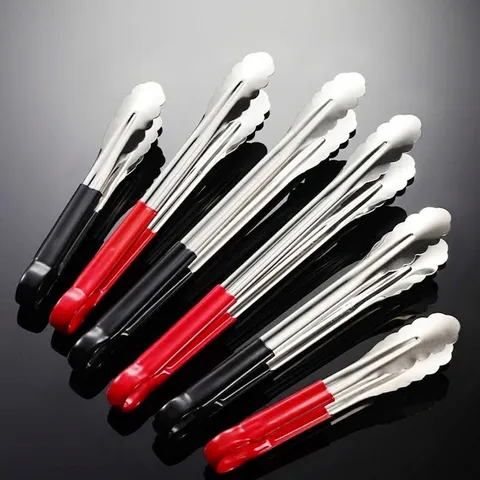 Modern Stainless Steel Food Tongs With Non Slip Rubber Coated Handle Scaloped Edge BBQ Grilling Cooking Clips For Kitchen Home