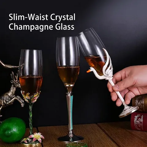 Luxury Enamel Crystal Glass Champagne Flutes Relief Swan Lily Of The Valley Pattern Elegant Wine Goblets Rhinestone Inlaid Wedding Banquet Anniversary Gift