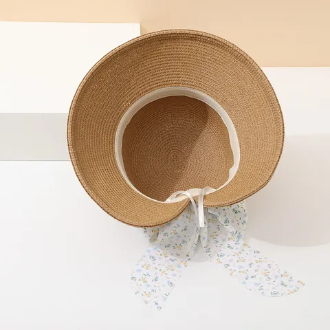 Chapeau de Paille Femme Style Pastoral Élégant Noeud Floral Large Bord Protection Solaire Été Chapeau Tissé pour Extérieur