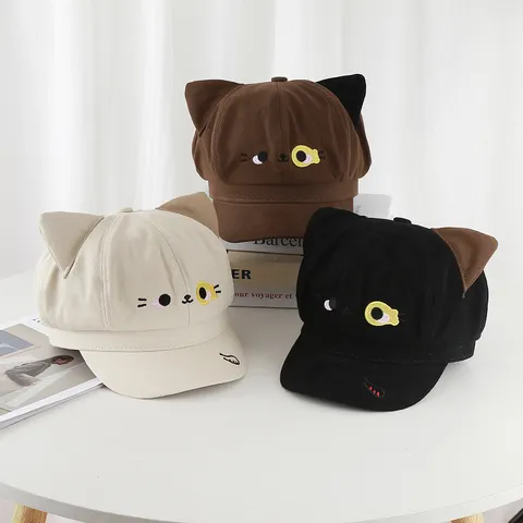 Sweet Cute Cotton Newsboy Cap For Women 3D Cat Ears Cartoon Embroidery Sunshade Octagonal Hat Versatile Casual Headwear