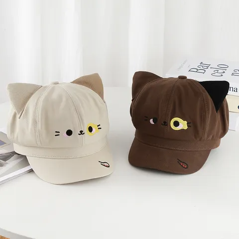 Sweet Cute Cotton Newsboy Cap For Women 3D Cat Ears Cartoon Embroidery Sunshade Octagonal Hat Versatile Casual Headwear