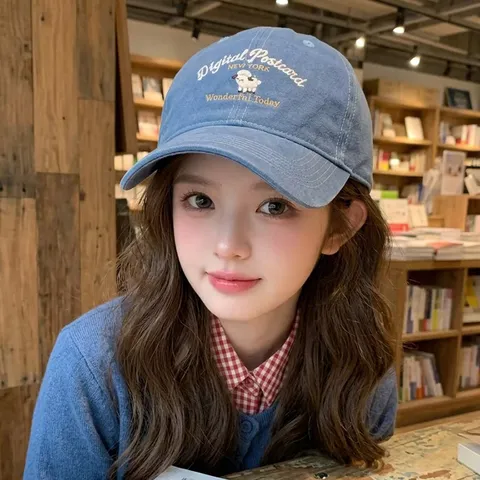 Japanese Retro Cotton Baseball Cap For Women Cute Cartoon Sheep Heart Embroidered Distressed Frayed Wide Brim Sun Hat Casual Adjustable Duck Tongue Hat