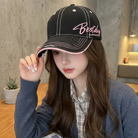 Casquette de Baseball Vintage en Coton Broderie Lettres Latérales Large Bord Protection Solaire Réglable Trucker Hat Pour Plein Air Femme Homme