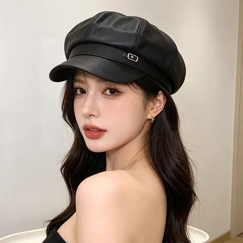 Women Retro PU Leather Suede Newsboy Cap British Style Octagonal Painter Hat Casual Solid Color Winter Warm Flat Cap