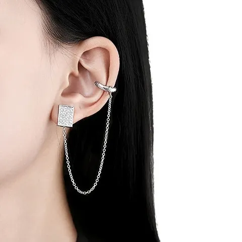 Boucle d'Oreille Chaîne Fleur à Quatre Feuilles Quadrilatère Géométrique Manchette d'Oreille Intégrée Pour Femmes Tige en Argent 925