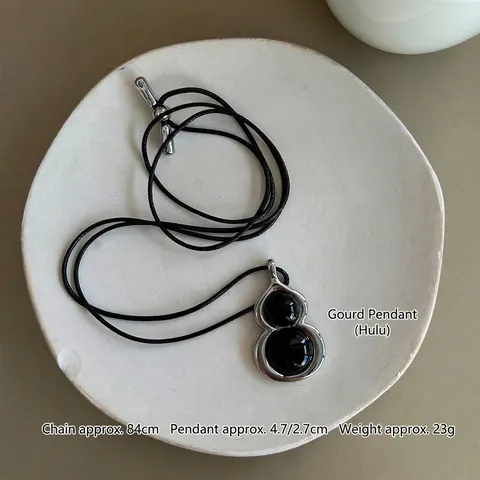 Retro Black Agate Gourd Pendant Necklace For Women Men Unisex Copper Silver Plated Wulu Charm Black Leather Cord Sweater Chain