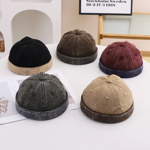 Vintage Distressed Miki Hat Docker Hat Men Women Retro Streetwear Adjustable Cotton Brimless Skullcap Sailor Cap Hip Hop Accessory