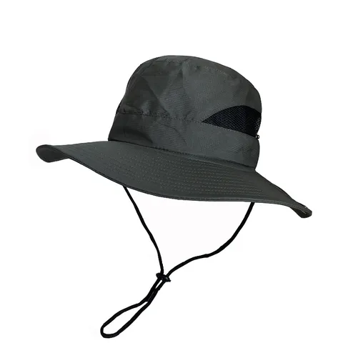 Chapeau Bob de Protection Solaire Extérieur pour Hommes Large Bord Maille Respirante Chapeau de Pêche Cordon Coupe-vent Polyester