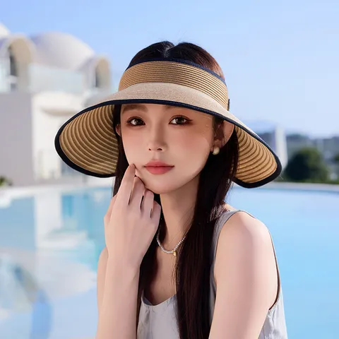 Women Patchwork Bowknot Open Top Straw Hat Foldable Portable Outdoor Summer Beach Sun Protection Wide Brim Visor Hat