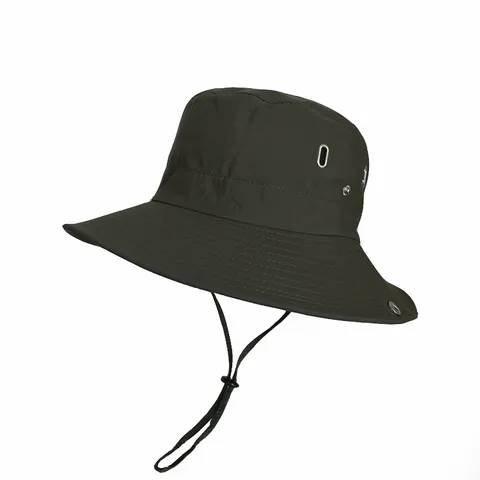 Chapeau Bob de Protection Solaire Extérieur pour Hommes Large Bord Maille Respirante Chapeau de Pêche Cordon Coupe-vent Polyester