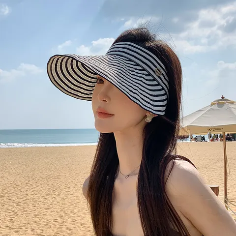 Women Striped Empty Top Sun Hat Foldable Breathable Wide Brim Visor Hat For Summer Outdoor Hiking Beach Travel Ladies Cotton Sunshade Cap
