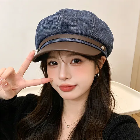 Women Patchwork Leather Newsboy Cap Vintage Winter Warm Woolen Denim Octagonal Hat Face Slimming Retro Baker Boy Cap