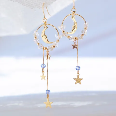 Asymmetrische Stern Mond Fee Quaste Ohrhänger Mit 925 Sterling Silber Ohrstecker-Stift Vergoldetes Kupfer Strass Schmuck Für Damen