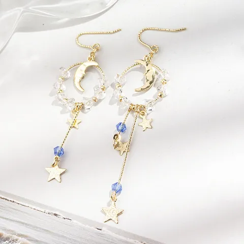 Asymmetrische Stern Mond Fee Quaste Ohrhänger Mit 925 Sterling Silber Ohrstecker-Stift Vergoldetes Kupfer Strass Schmuck Für Damen