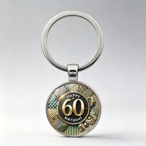 Happy 60th Birthday Keychain Time Gem Bag Charm Zinc Alloy Glass Cabochon Key Ring For 60 Years Old Birthday Gift Vintage Jewelry