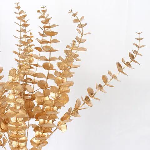 Artificial Eucalyptus Plastic Flowers Metallic Gold Green Fake Faux Stems Foliage Sprays Leaf Branches Bunches For Home Wedding New Year Party Holiday Table Decor
