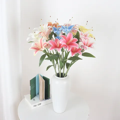 Realistic 3D Printed Three-Head Lily Artificial Flowers Film Lily Stem For Home Hotel Wedding Decoration Table Accent Floral Arrangement Display Arrangement
