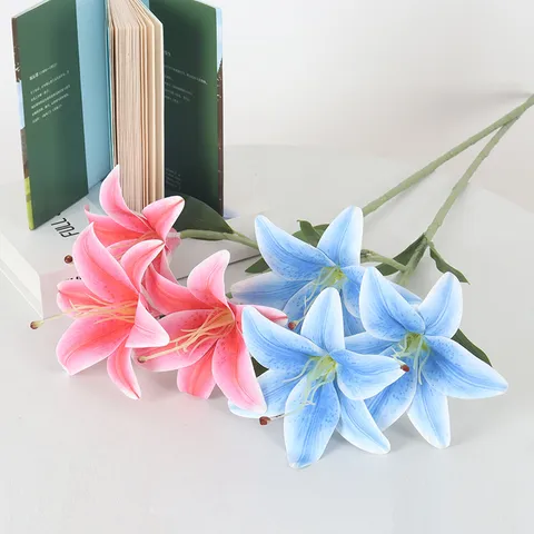 Realistic 3D Printed Three-Head Lily Artificial Flowers Film Lily Stem For Home Hotel Wedding Decoration Table Accent Floral Arrangement Display Arrangement