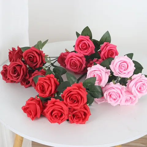 Artificial 6 Heads Snow Mountain Rose Bouquet For Wedding Home Decoration Satin Fake Flowers Photography Props