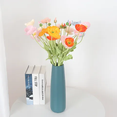 Pastoral Flocked Artificial Poppy Flowers Single Stem Fake Corn Poppy Silk Flowers Bouquet For Home Wedding Decor Room Table Ornament