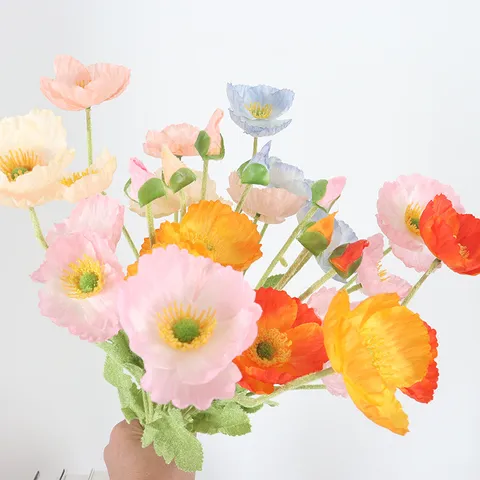 Pastoral Flocked Artificial Poppy Flowers Single Stem Fake Corn Poppy Silk Flowers Bouquet For Home Wedding Decor Room Table Ornament