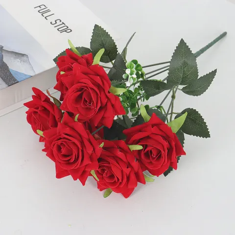 Romantic Velvet Artificial Rose Flower Bouquet Realistic Fake Flower Bundle For Wedding Hotel Home Decoration