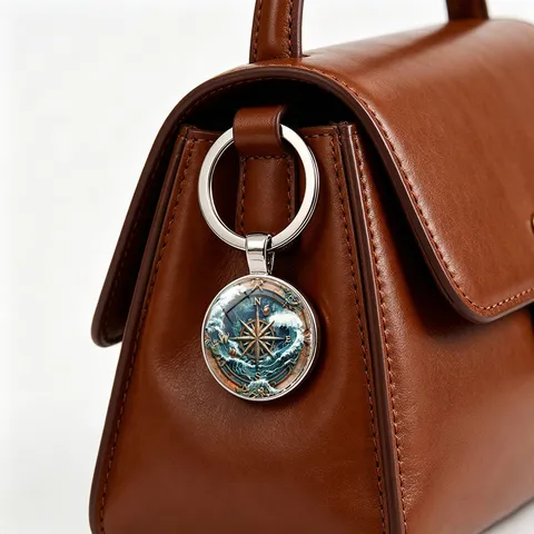 Vintage Nautical Compass Keychain Glass Cabochon Zinc Alloy Retro Sailboat Sea Wave Key Ring Bag Charm Pendant Ornament