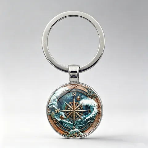 Vintage Nautical Compass Keychain Glass Cabochon Zinc Alloy Retro Sailboat Sea Wave Key Ring Bag Charm Pendant Ornament