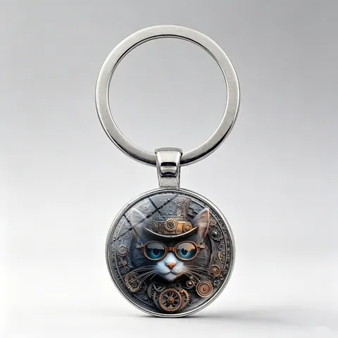 Portachiavi Gatto Steampunk Vintage Ingranaggi Cappello Occhiali Gatto Gemma del Tempo Lega Vetro Anello Portachiavi Pendente Borsa