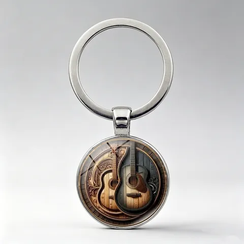 Vintage Wood Grain Guitar Glass Cabochon Keychain Artistic Musical Instrument Pendant Alloy Key Ring Bag Decor Gift