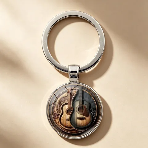 Vintage Wood Grain Guitar Glass Cabochon Keychain Artistic Musical Instrument Pendant Alloy Key Ring Bag Decor Gift