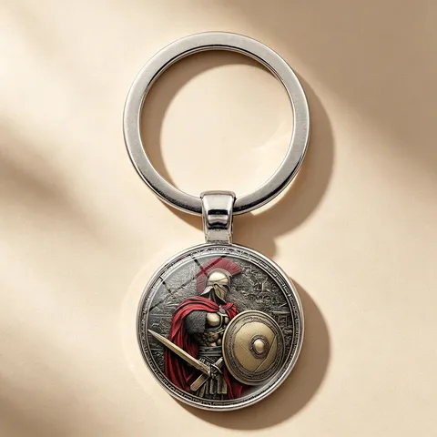 Sparta Warrior Keychain Ancient Greek Hero Shield Glass Cabochon Zinc Alloy Metal Key Ring Bag Charm Pendant Men Women