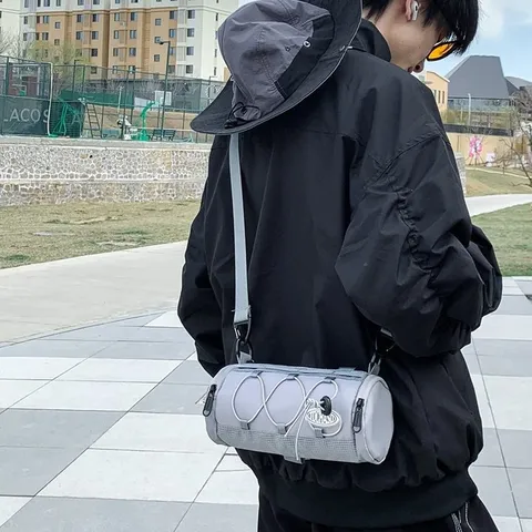 Borsa a Tracolla Minimalista in Nylon a Cilindro Colore a Contrasto Cordino Elastico Sportivo Borsa da Spalla Outdoor Campeggio Casual per Uomo Donna